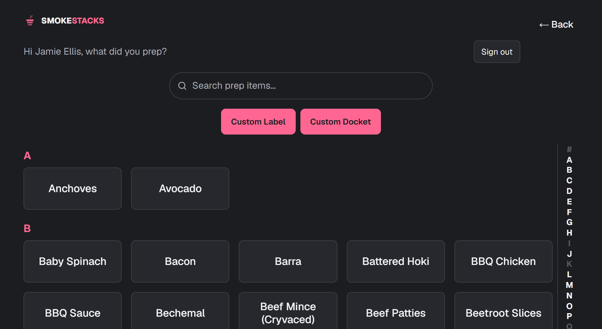 The label printing screen on the tablet, with the label templates laid out to choose from